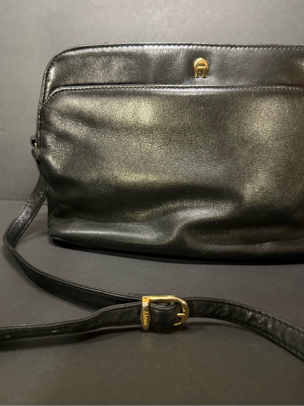 Etienne Aigner Black Leather Crossbody with Gold Accents